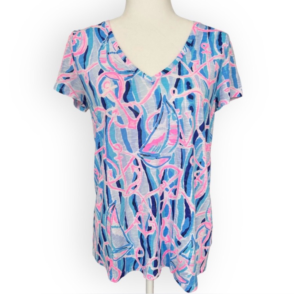 Lilly Pulitzer Etta Slub Cotton V Neck Tee in Reel Nauti Size S